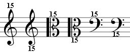 Double Octave clefs, demarcated by the '15' notation